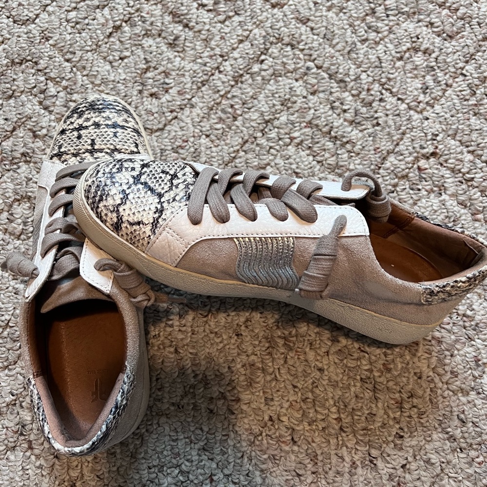 Frye Ivey Leather low top sneakers-taupe silver metallic stripe and snake skin